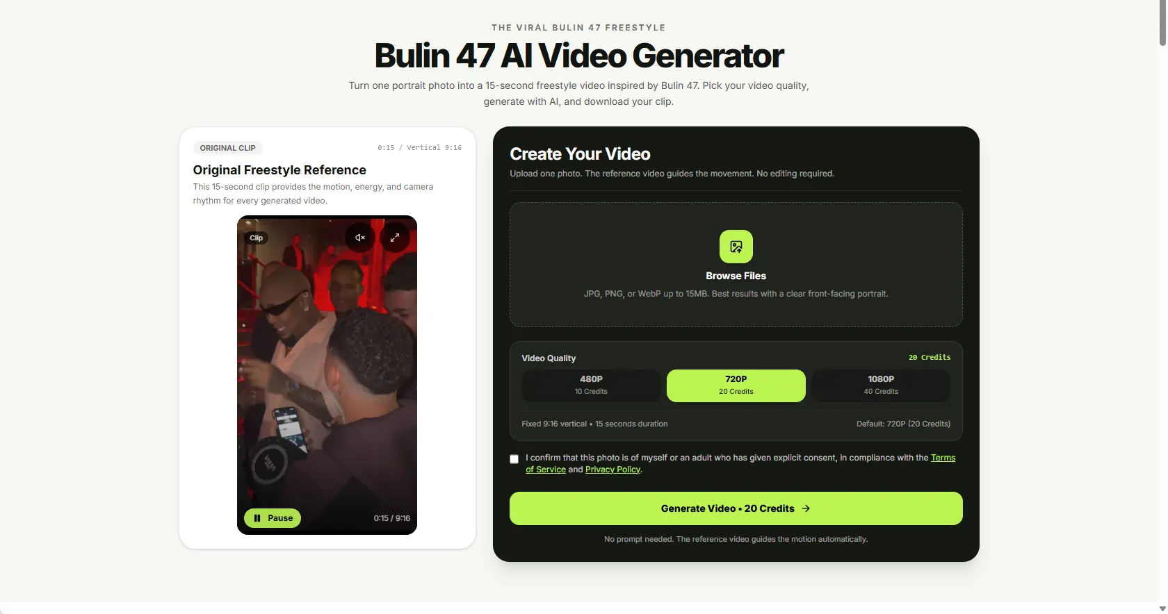 Bulin 47 AI Video Generator upload photo area