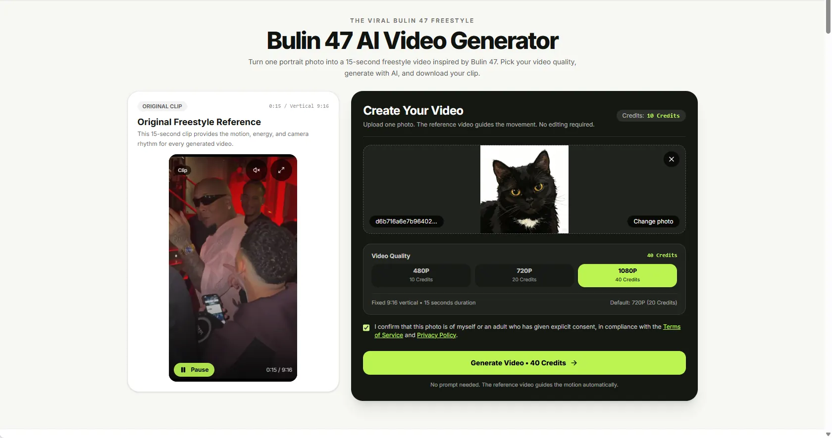 Bulin 47 AI Video Generator generate button and credit cost